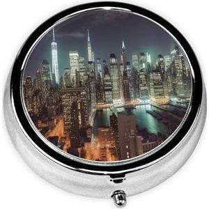 Pillendoosje met spiegel, retro pillendoosje met 3 compartimenten, New York City, kleine pillenorganizer voor portemonnee of zak, decoratieve metalen medicijnen, vitamine-organizer, unieke geschenken