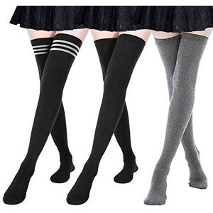 DRESHOW 3 Paar Dames Extra lang Casue Dames Kniekousen Overkniekousen Lange Gestreepte Sokken Thigh High Sokken Sportsokken