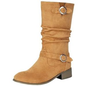 Plus Size Enkellaarsjes Damesmode Korte Laarzen Met Dubbele Gesp Retro Suède Enkellaarsjes Instaplaarzen Met Lage Hak Casual Instapschoenen for Lente, Herfst(Brown,43 EU)