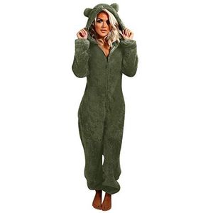 KEERADS Damen Jumpsuit onesie fleece badjas met capuchon en ritssluiting pluizig warme pyjama volwassenen pluche capuchon mantel deken hoodie nachtkleding sets voor vrouwen huispak, legergroen, M