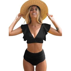 Bikini Bikini Sets Luipaard Gedrukt Bikini Ruche Manchetten Mode Badpak Vrouwen Beachwear Vrouwelijke Badmode Hoge Taille Badpakken, Zwart, XL