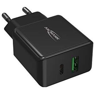 Ansmann 2-poorts USB-C oplader PD3.0 20 W, USB-C en USB-A-poorten voeding met Power Delivery & Quick Charge 3.0 18 W, snellader compatibel met Apple iPhone 13/12, Samsung Galaxy S21/20, enz.