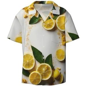 Geel Citroenprint Heren Jurk Shirts Casual Button Down Korte Mouw Zomer Strand Shirt Vakantie Shirts, Zwart, 4XL