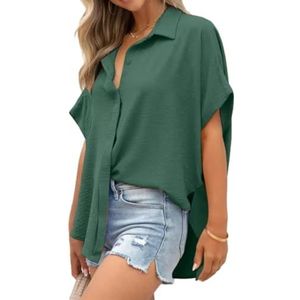 CupitiDU Dames Casual Knop Korte Mouw Split Zoom Shirt Effen Kleur Tops, Zomer V-hals Knop Voorkant Tops met Zak, legergroen, XXL