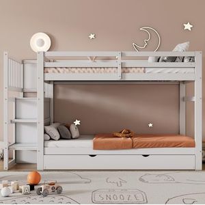 Moimhear Stapelbed, drie slaapplaatsen, verlaagbaar bed, vier laden, stabiel houten bed, veilige traptreden, minimalistisch design, stabiele leuning, wit (90x200cm & 90x190cm)