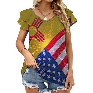 New Mexico Amerikaanse vlag dames casual tuniek tops ruches korte mouwen T-shirts V-hals blouse T-shirt