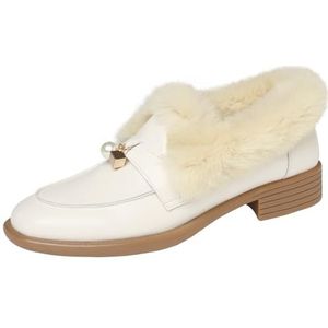 Vrupons Dames mode lamsvacht konijntje loafer - stijlvolle en comfortabele pluizige loafer, beige, 35 EU