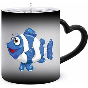 Blauwe Clownfish Koffiemok 11oz Kleur Veranderende Mokken Hartvormig Handvat Warmtegevoelige Verkleuring Cups