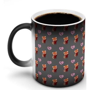 Rode Panda met Hart Warmte Veranderende Koffie Mok Keramische Warmtegevoelige Magische Grappige Gift voor Vrouwen Mannen 12oz