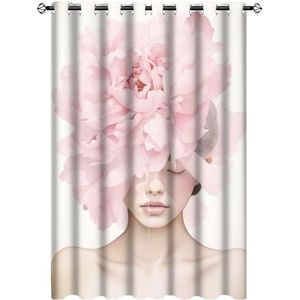 AEMYSKA Moderne mooie vrouw verduisterende tule gordijnen voor slaapkamer roze bloemen natuur figuur thermisch geïsoleerde gordijnen kamer verduistering licht blokkerende gordijnen 42x63 inch