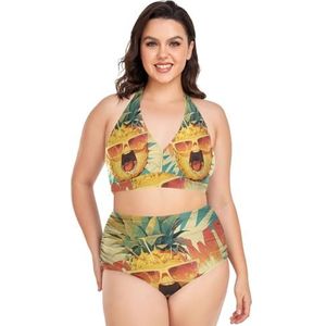 Cartoon Cool Pop Star Ananas Vrouwen Bikini Sets Plus Size Badpak Twee Stukken Hoge Taille Strandkleding Meisjes Badpakken, Pop Fashon, 3XL