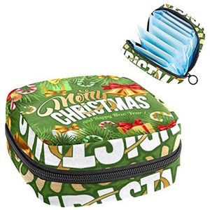 Vrolijk Kerstfeest en Gelukkig Nieuwjaar Groene Achtergrond,Periode Pouch Draagbaar,Tampon Houder voor Portemonnee Vrouwelijke Product Organizer, Meerkleurig, 4.7x6.6x6.6 in/12x17x17 cm