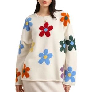 Cthick pullover voor dames, kleurrijk, bloemen, lui, casual, warm, losse trui, herfst, winter, top, Wit, Eén Maat