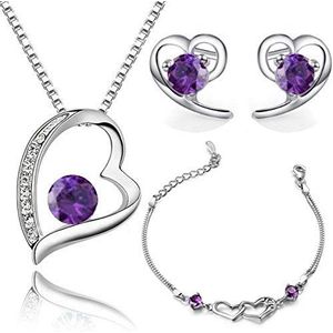 Crystalline Azuria Hart Set met Paarse Zirkonia Kristallen Hanger Ketting 45 cm Oorknopjes Armband 18 cm 18 kt Witgoud Verguld