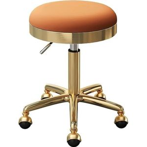 Ronde Rolkruk Met Wielen PU-leren Schoonheidssalonkruk Draaikruk Stoel Gestoffeerde Zitting En Goudkleurig Roestvrijstalen Frame(Orange)