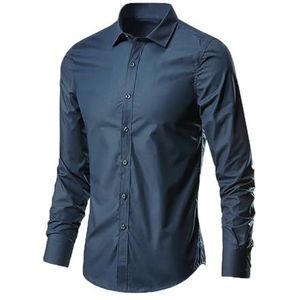 Xnihocha Overhemd voor heren, omgeslagen kraag, shirt met lange mouwen, voor business, kantoor, bruiloft, feest, casual, Donkerblauw, XXL