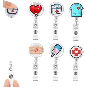 Fransande-Verpleegkundige Badge Reels, 6 STKS Medische ID Badge Houder Intrekbare Verpleegkundige ID Badge Rollen Leuke Lanyard Clip voor Verpleegkundigen Arts Medische Studen Werk Geschenken
