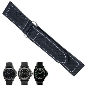 dayeer 24mm nylon stof canvas lederen horlogeband voor Panerai Luminor PAM01118 441 zwart blauwe band vervangende armband accessoires (Color : Black White Silver, Size : 24mm)
