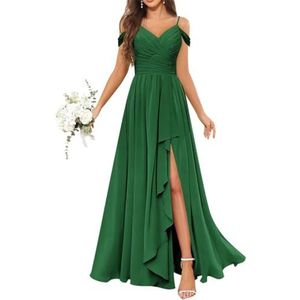 Chiffon bruidsmeisjesjurken voor dames, met split, lange baljurken, cocktailjurken, grote maten, Emerald Groen, 32