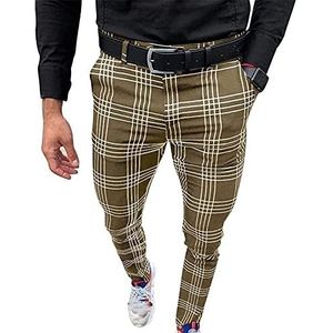 Loungebroek For Heren, Slim Fit Casual Stretchbroek Taps Toelopende Skinny Geruite Geklede Broek For Heren Pantalon(Khaki,M)
