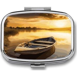 River Sunset Houten Boot Pillendoos Pil Organizer Pil Case 2 Compartiment Geneeskunde Pil Organizer Kleine Pil Case Pil Container Pillenhouder Leuke Pillendoos Mini Pillendoosje