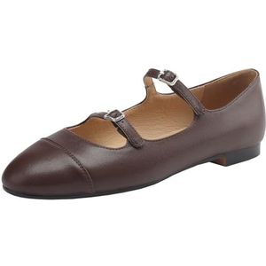 Vrupons Platte premium schoenen van zacht leer voor dames met dubbele riem, bruin, 33 EU