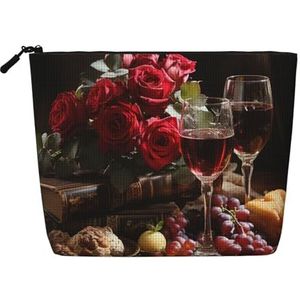 Dwvtfsm Rode Rozen En Rode Wijn Make-up Tas Voor Vrouwen, Waterdichte Linnen Reizen Cosmetische Organizer Lichtgewicht Rits Reizen Toilettas Organizer Make-up Borstels Opbergtas