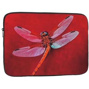 Libelle op rode achtergrond print laptophoes schokbestendige laptophoes beschermende notebooktas laptoptas voor vrouwen man