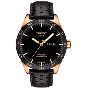 Tissot PRS 516 316L roestvrij stalen kast met roségouden PVD coating Zwitserse automatische lederen band, zwart, 20 casual horloge (Model: T1004303605101)