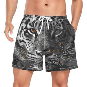 Wzzzsun Zwart Wit Koning Leopard Tiger Heren Zwembroek Board Shorts Sneldrogende Trunk met Zakken, Leuke mode, XXL