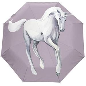 Witte Paard Eenhoorn Paars Automatische Paraplu Winddicht Opvouwbare Paraplus Auto Open Sluiten voor Meisjes Jongens Vrouwen, Patroon, M
