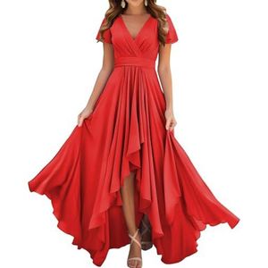 Prinses Bruidsmeisjes Jurken Flutter Mouw Galajurken Chiffon Formele Avondfeest Maxi Jurk met Split ZM209, Rood, 32
