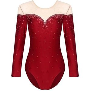 NUOYIXUAN Dames ritmische gymnastiek turnpakje met lange mouwen kunstschaatsen jumpsuit voor vrouw danskostuum strass acrobatiek bodysuit, Bordeaux, XXL