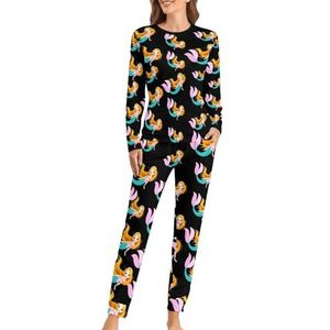 Leuke zeemeermin zachte damespyjama met lange mouwen warme pasvorm pyjama loungewear sets met zakken XL