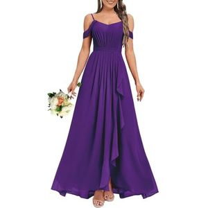 HPPEE Dames V-hals koude schouder bruidsmeisjes jurken met split ruches chiffon formele avondjurk, Paars, 32