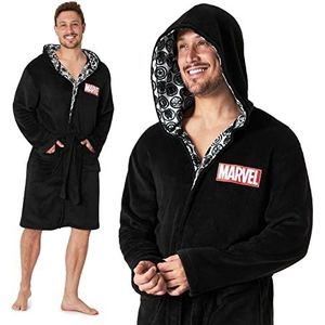 Marvel Badjas, voor heren, wollig, fleece, ochtendjas voor heren, met capuchon, zwart, L