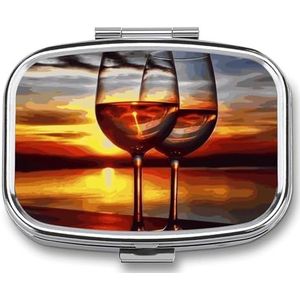 Sunset wijnglazen pillenetui met 2 compartimenten, pillenorganizer, draagbare vierkante pillendoos, vitaminepillenorganizer voor zakportemonnee en reizen