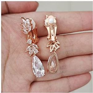 Oorclips Mode Blad Zirkoon Clips Oorbellen for Vrouwen Zilveren Kleur Drop Water Clip Oorbellen Lange Crystal Wedding Ear Cuff Sieraden Geschenken Oorbellen (Style : ClipEaring RoseGold)