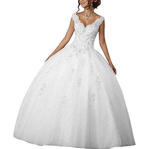 Carnivalprom Quinceanera Avondjurken met V-hals voor dames, met kant, lange bruiloftsjurken, elegante baljurk, wit, 36