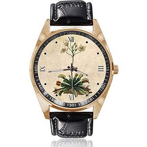 Vintage Venus Fly Trap Bloem Polshorloge Analoge Quartz Gouden Wijzerplaat Klassieke LeatherBand Vrouwen Mannen Horloge, Goud, 1.6""x1.6""x0.15"" inch, riem