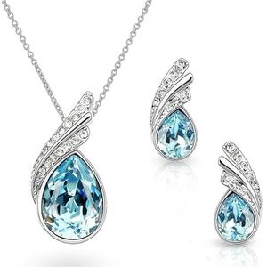 Crystalline Azuria Tranen Kristallen Blauw Gesimuleerd Aquamarijn Set Hanger Ketting 45 cm Oorbellen 18 kt Witgoud Verguld