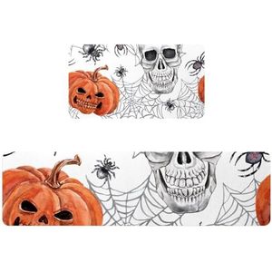 VAPOKF 2 stuks keukenmat Halloween Jack Skull Spider en Web, antislip wasbaar vloertapijt, absorberende keukenmat loper tapijt voor keuken, hal, wasruimte