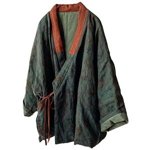NFYM Dames katoen gewatteerde korte jas kimono cardigan wrap front Chinese Hanfu-stijl bedrukt patchwork losse outwear, donkergroen, One size