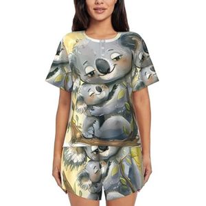 Leuke Koala Moeder En Baby Print Womens Zomer Zachte Tweedelige Bijpassende Outfits Korte Mouw Pyjama Lounge Pyjama Sets, Zwart, XXL