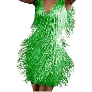 HKYBCF Pailletten franjes jurk zomerjurk diepe V-hals mouwloos schoudervrij sexy zomerjurk met franjes en pailletten naaien mini-jurk etui-jurk kwasten jurk, Groen, XL