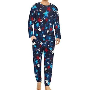 USA Rood Wit Blauw Sterren Comfortabele Heren Pyjama Set Ronde Hals Lange Mouw Loungewear met Zakken 6XL