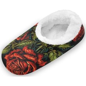 KAAVIYO Rode roos hand groene kunst outdoor slippers katoenen huisschoenen gesloten rug winter antislip pluizige voeten pantoffels voor indoor jongens vrouwen, Patroon, Large