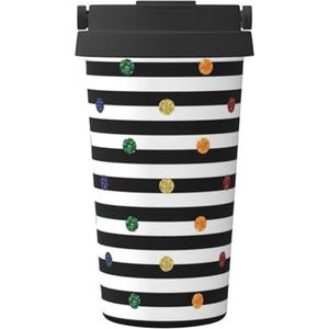 EdWal Glitter regenboog polka dot streep zwart en wit print 500ml koffiemok, geïsoleerde camping mok met deksel, reisbeker, geweldig voor elke drank