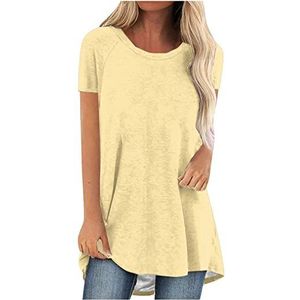 T-shirt met ronde hals voor dames, zomer, mode, casual blouse, vintage, korte mouwen, T-shirt, knoop, slanke casual shirts, print, zomer, tuniek, tops, dames, comfortabele tops voor de zomer, B-geel,