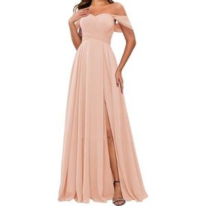 HPPEE Off-shoulder chiffon bruidsmeisjesjurken met split voor vrouwen mouwloze strapless avond formele jurk, Blush Roze, 32